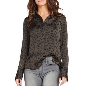 David Lerner Evereve Leopard Cheetah Print Blouse In Olive Green Black Size XS